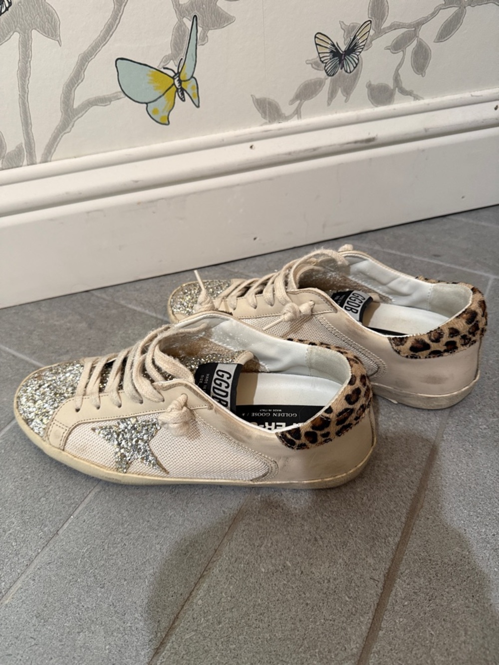 Golden Goose Beige Low-Top Sneakers with Silver Glitter & Leopard Heel size 39 - Picture 4 of 4